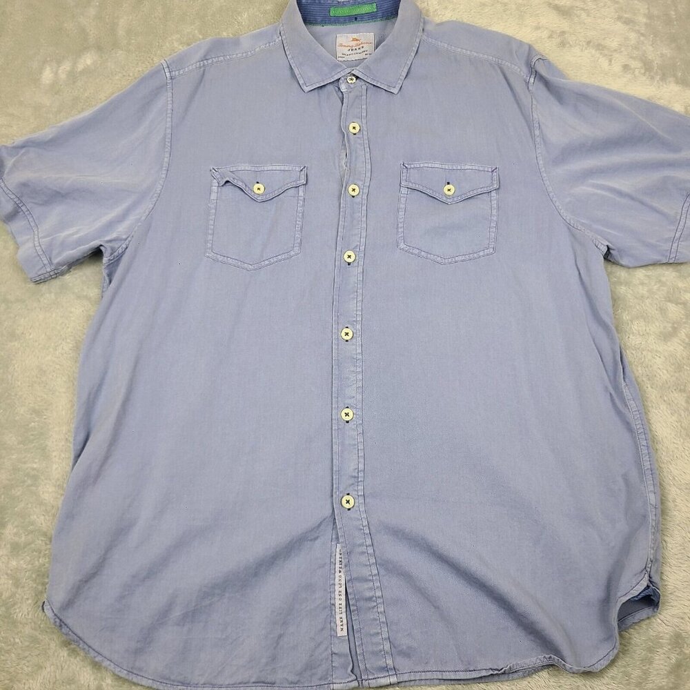 Tommy Bahama Island Crafted Blue Short‎ Sleeve Tencel Cotton Size X-Large
